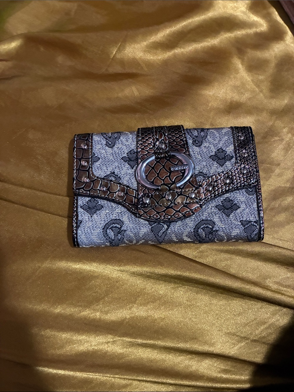 Designer-Inspired Gray and Brown Snake-Accent Women's Wallet